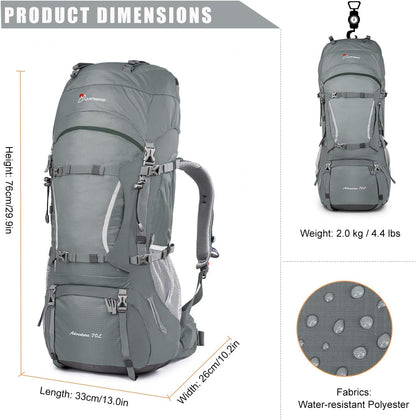 70L Internal Frame Hiking Backpack for Men Women with Rain Cover, 29.9 * 13 * 10.2In, Gray