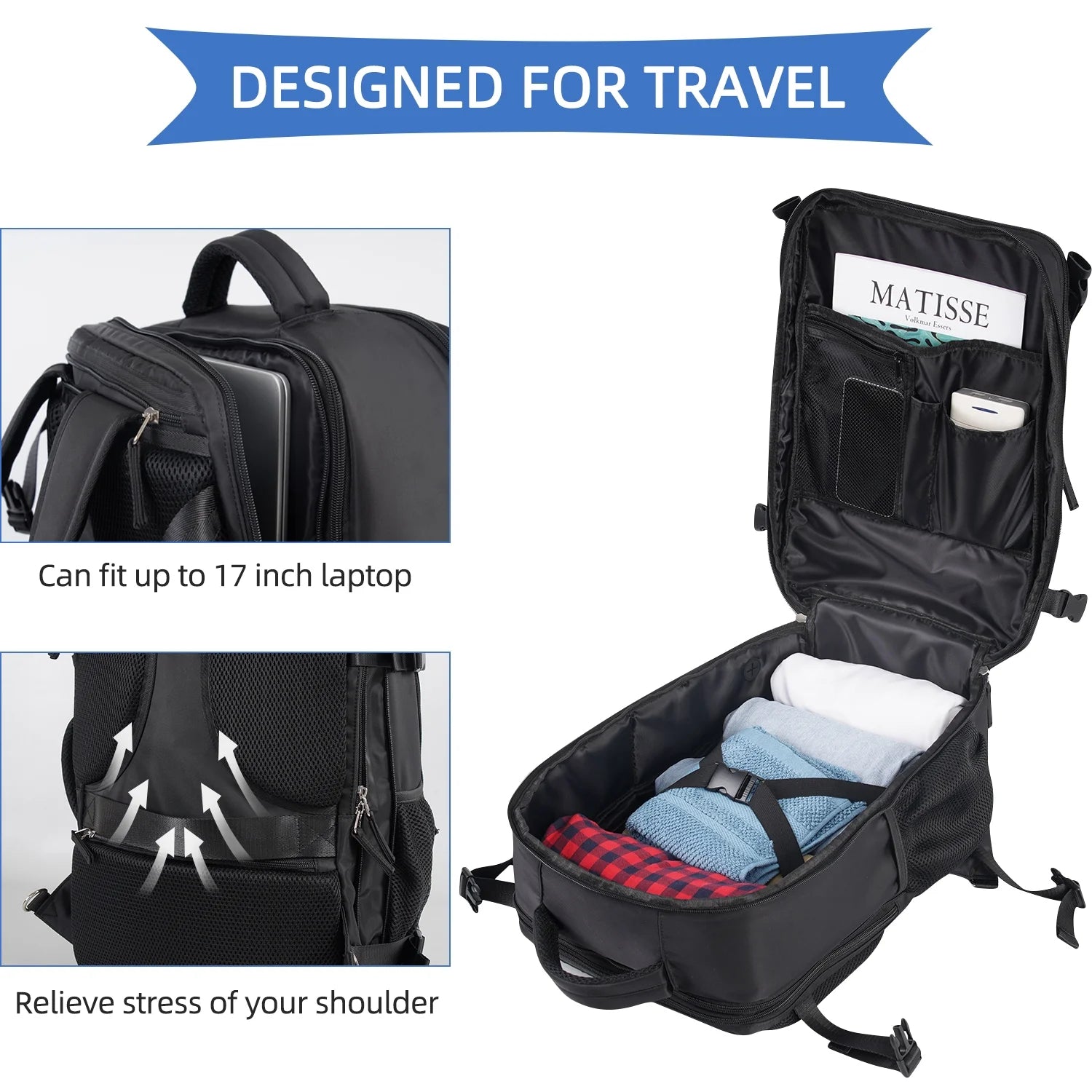 Travel Backpack Carry on Backpack,Hiking Backpack Waterproof Outdoor Sports Rucksack Multi-Pocket Daypack School Bag for Men Women,Black