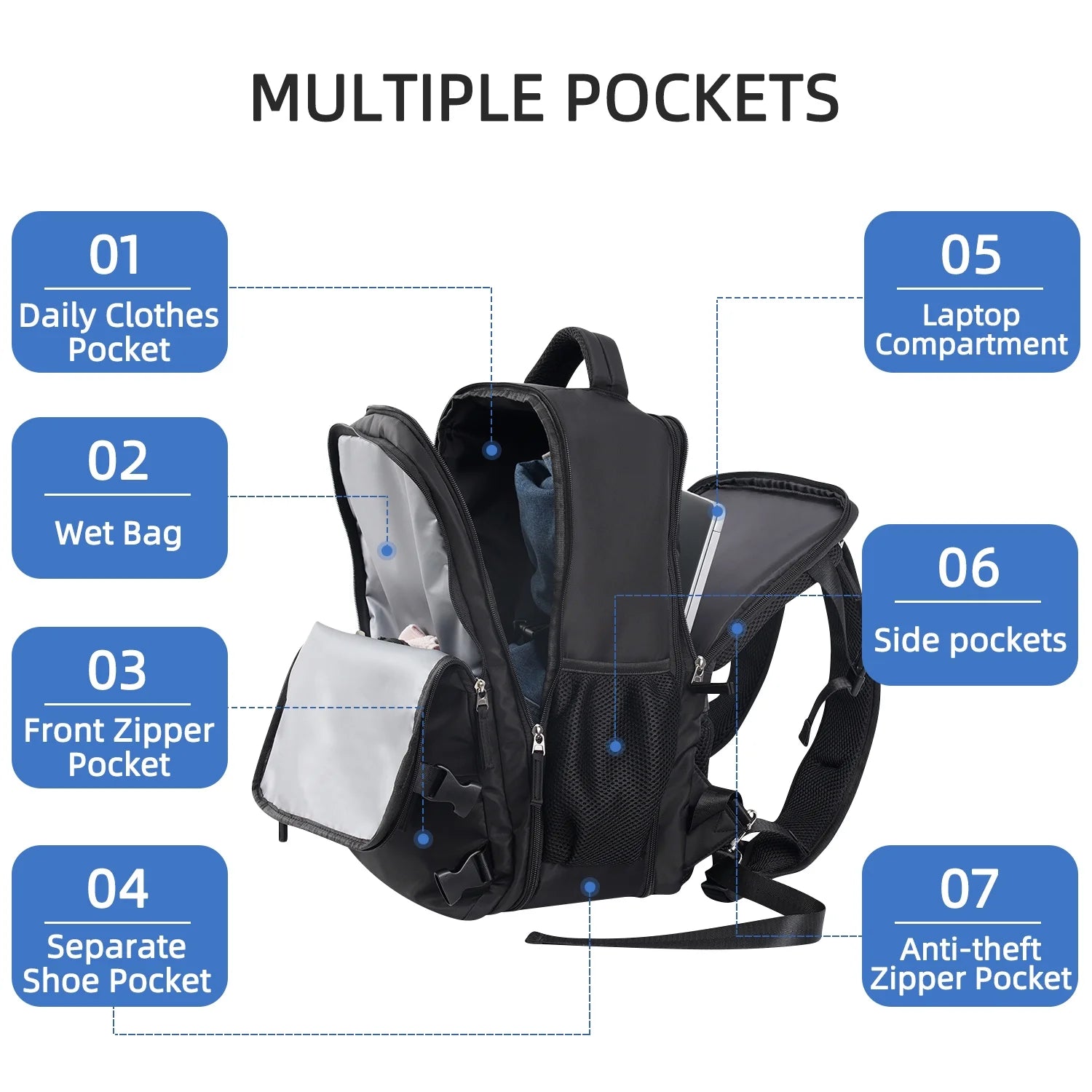 Travel Backpack Carry on Backpack,Hiking Backpack Waterproof Outdoor Sports Rucksack Multi-Pocket Daypack School Bag for Men Women,Black