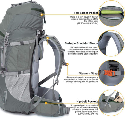 70L Internal Frame Hiking Backpack for Men Women with Rain Cover, 29.9 * 13 * 10.2In, Gray